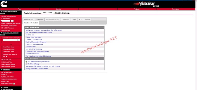 Cummins QuickServe Online parts catalog showing engine parts lookup interface