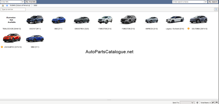 Subaru Snap-on EPC parts categories with numbered exploded diagrams